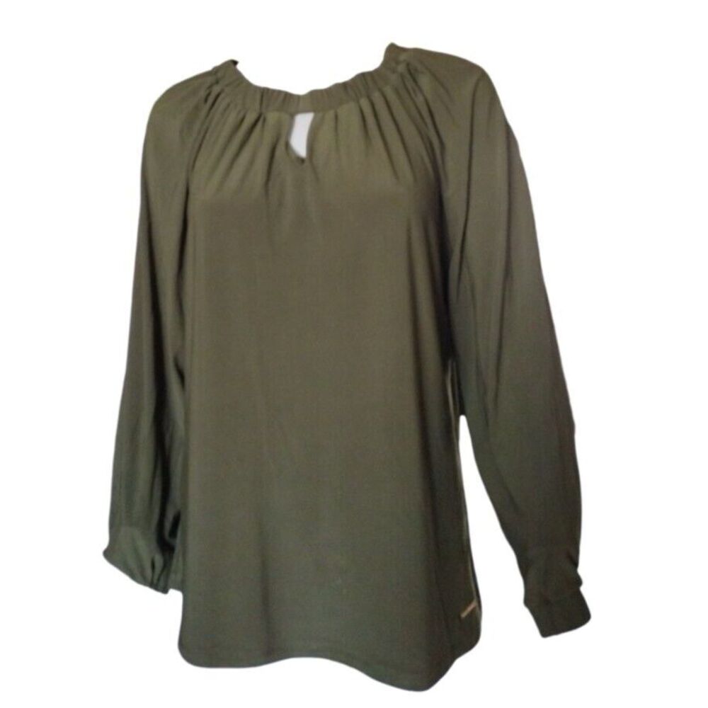 Anne Klein Blouse Woman‎ Medium Olive Green Pleated Long Sleeves Flowy Boho